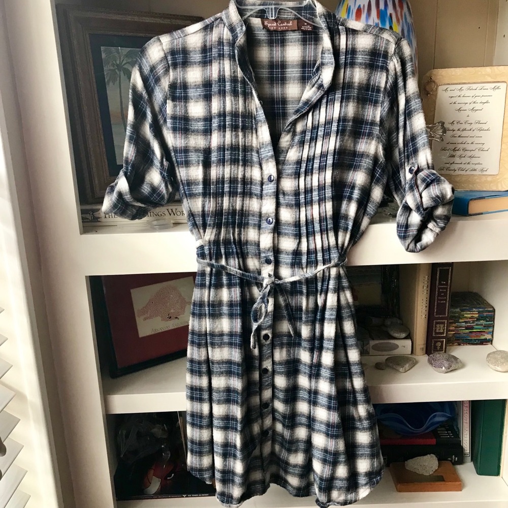 Navy Red Tan Plaid Flannel Belted Tunic Dress M